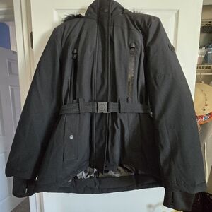 Michael Kors Winter Coat Detachable Faux Fur Trim Hooded Jacket w/ MK Logo Belt